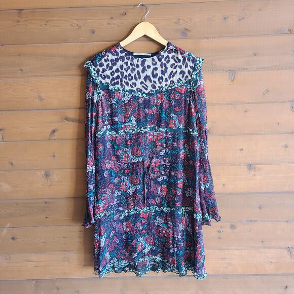 Scotch & Soda Leopard & Lillies Floral Long Sleeve Mini Dress Size 2 NWOT Boho - Picture 2 of 8